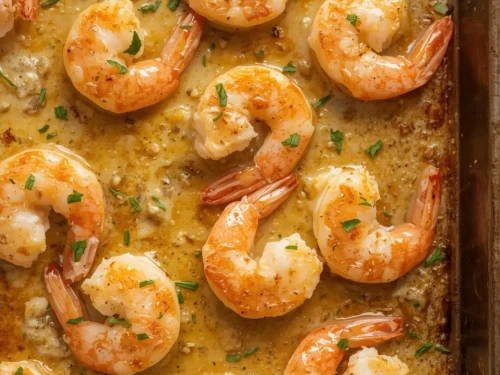 Platter of oven-baked garlic parmesan shrimp with fresh herbs