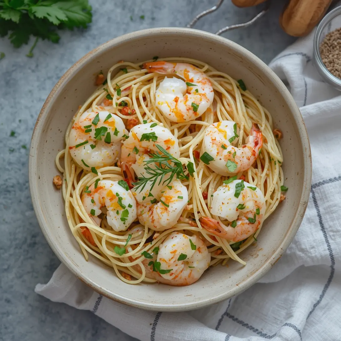 Platter of oven-baked garlic parmesan shrimp with fresh herbs