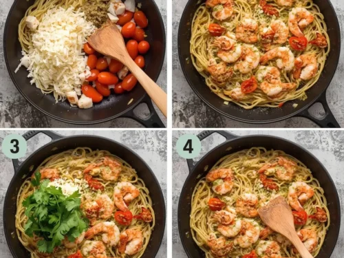 A vibrant plate of pesto shrimp spaghetti, garnished with fresh basil.
