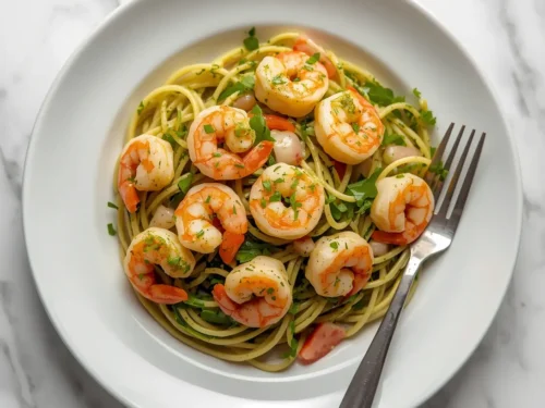 A vibrant plate of pesto shrimp spaghetti, garnished with fresh basil.