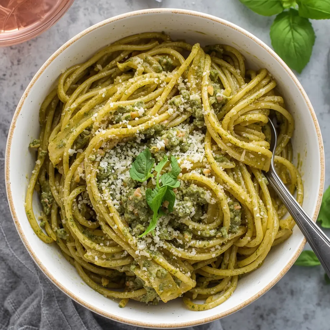 A vibrant plate of pesto shrimp spaghetti, garnished with fresh basil.