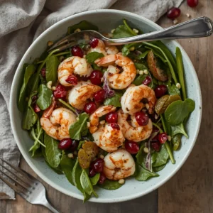A vibrant roasted shrimp and cranberry salad with fresh greens.