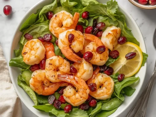 A vibrant roasted shrimp and cranberry salad with fresh greens.