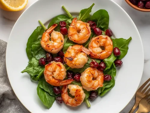 A vibrant roasted shrimp and cranberry salad with fresh greens.