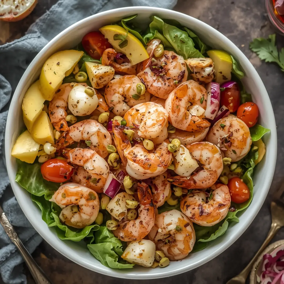 A vibrant roasted shrimp and cranberry salad with fresh greens.