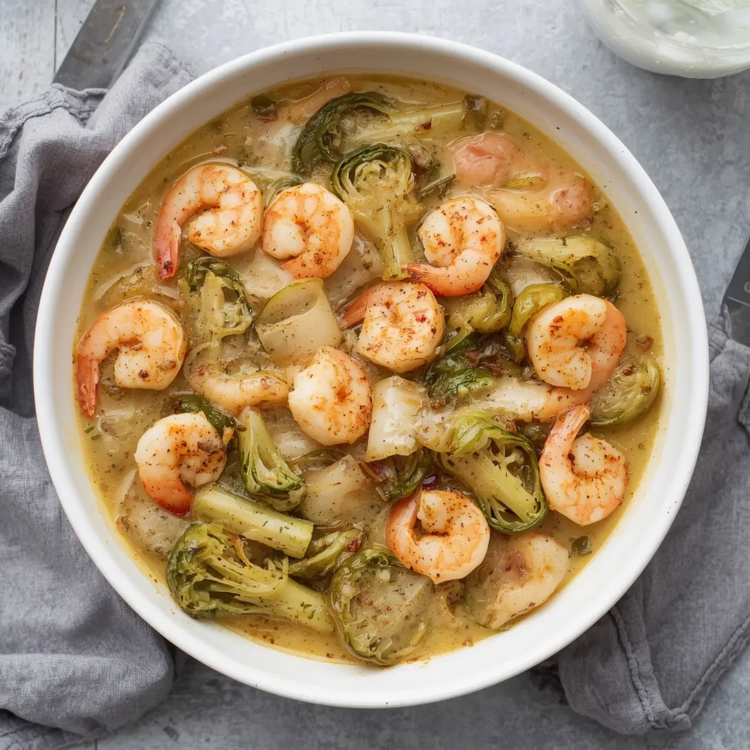 A baking dish filled with a savory shrimp and Brussels sprouts bake, garnished with herbs.