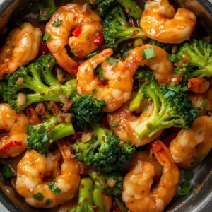 A colorful, freshly cooked shrimp stir-fry with bright green broccoli florets.
