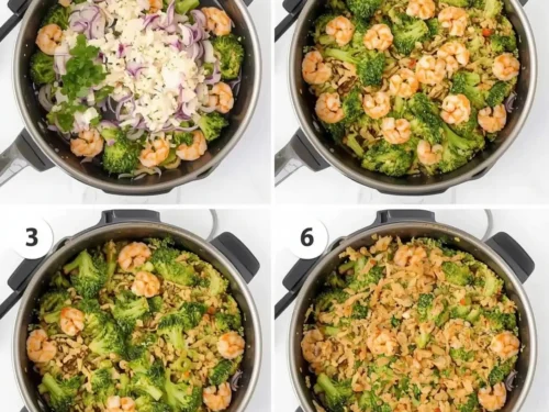 A colorful, freshly cooked shrimp stir-fry with bright green broccoli florets.