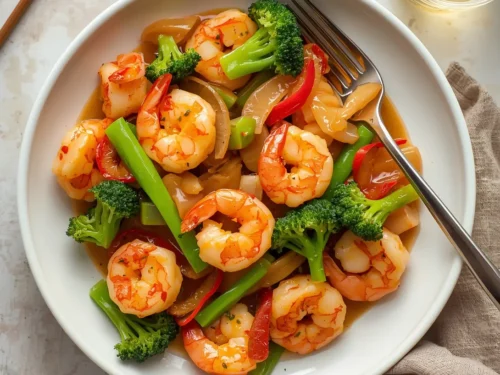 A colorful, freshly cooked shrimp stir-fry with bright green broccoli florets.