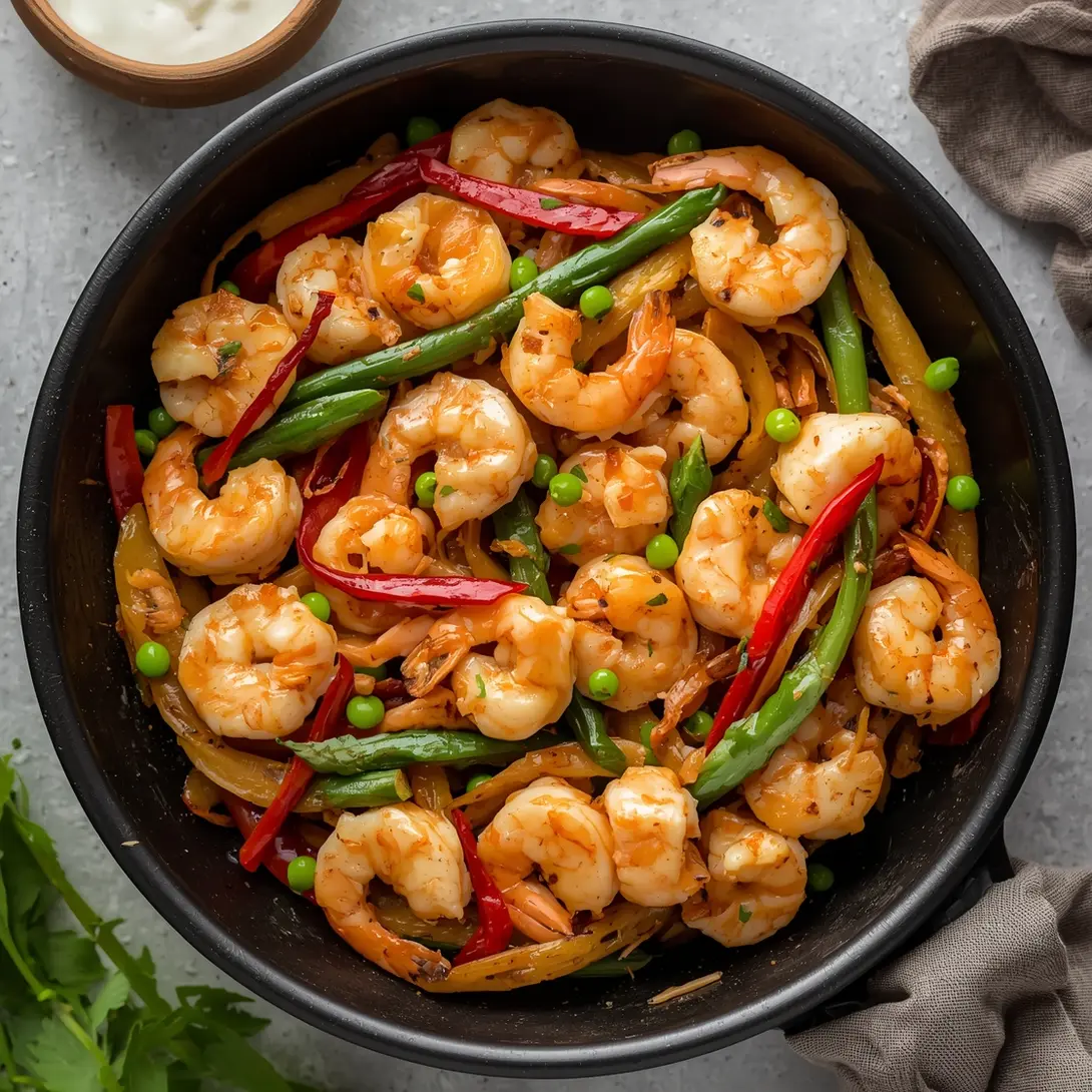 A colorful, freshly cooked shrimp stir-fry with bright green broccoli florets.
