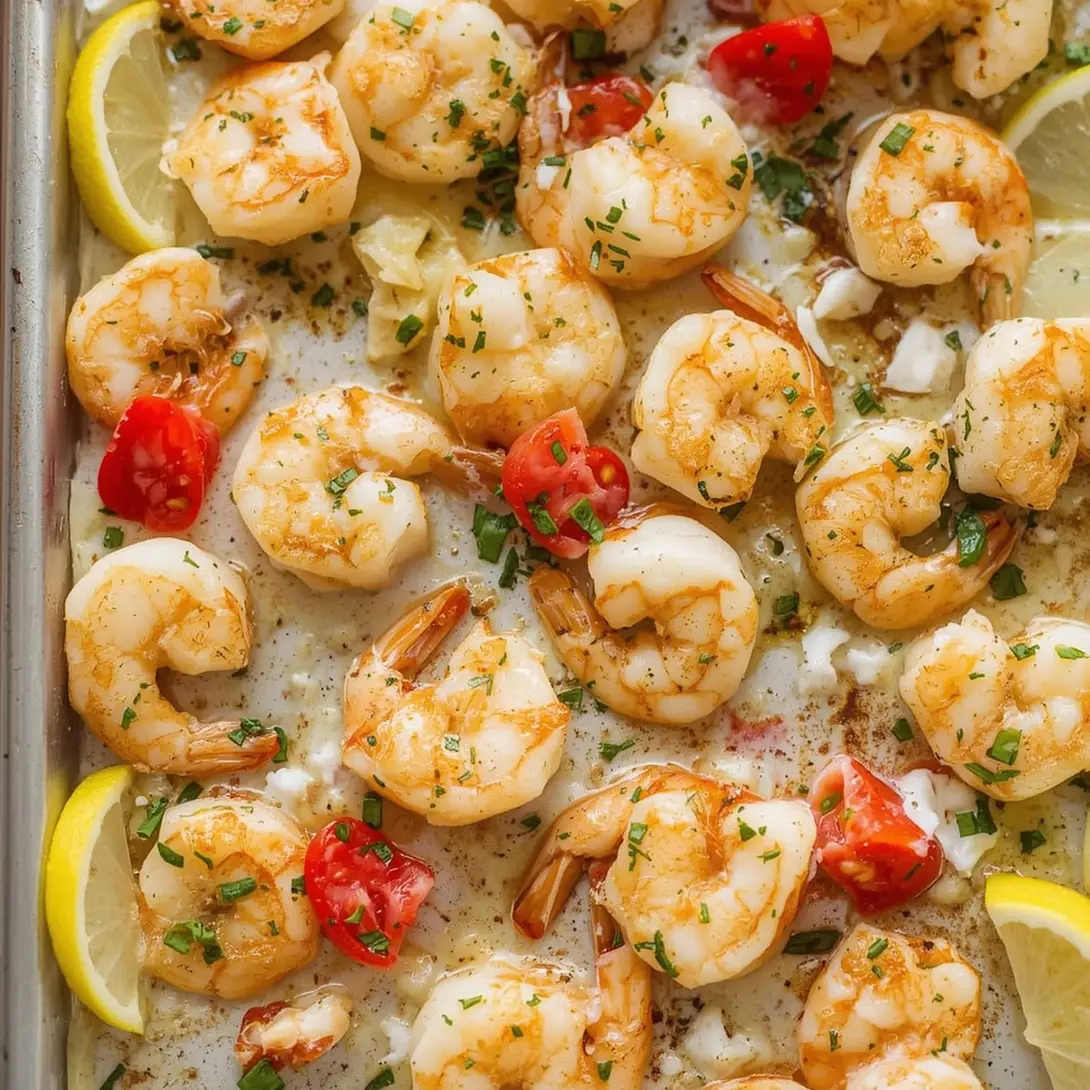 A vibrant sheet pan shrimp and veggies dinner with colorful bell peppers, broccoli, and seasoned shrimp.