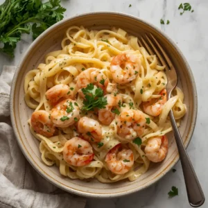 A serving of creamy shrimp alfredo fettuccine garnished with parsley.
