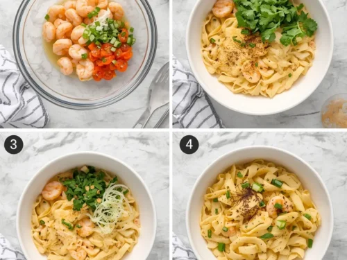 A serving of creamy shrimp alfredo fettuccine garnished with parsley.