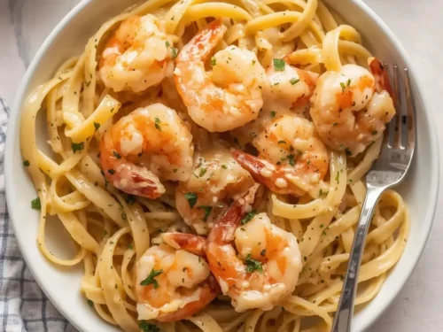 A serving of creamy shrimp alfredo fettuccine garnished with parsley.