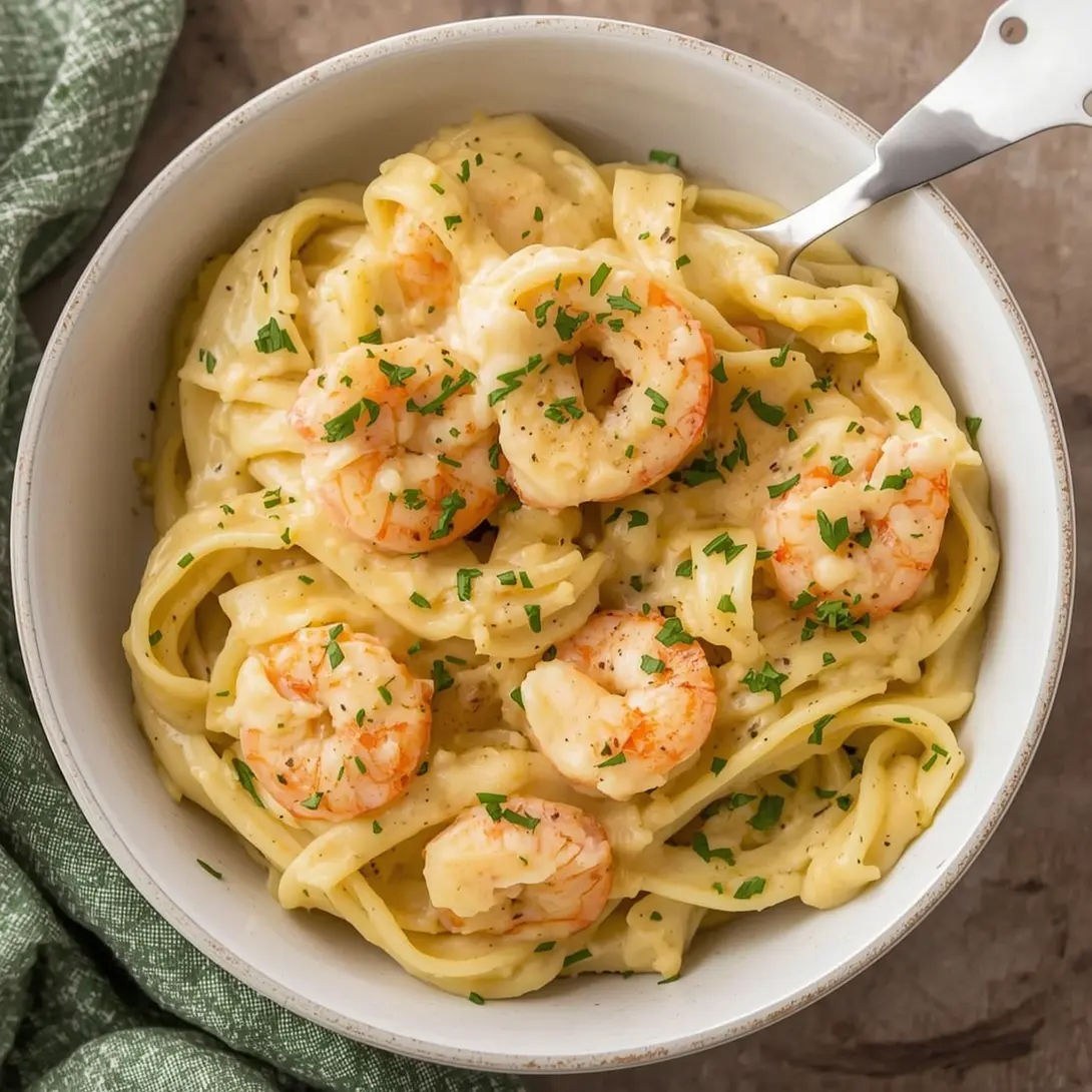 A serving of creamy shrimp alfredo fettuccine garnished with parsley.