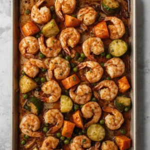 Shrimp and Apple Cider Glaze Sheet Pan Dinner with various vegetables
