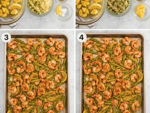 Shrimp and Apple Cider Glaze Sheet Pan Dinner with various vegetables