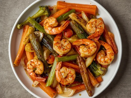 Shrimp and Apple Cider Glaze Sheet Pan Dinner with various vegetables