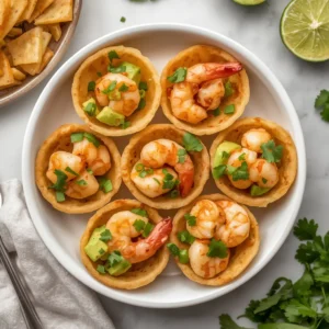 Individual serving cups filled with shrimp and avocado salsa