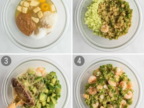 Individual serving cups filled with shrimp and avocado salsa