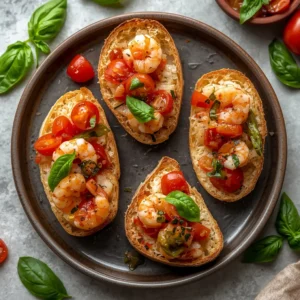 Shrimp bruschetta with fresh tomatoes and basil served on toasted bread