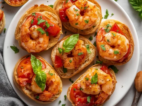 Shrimp bruschetta with fresh tomatoes and basil served on toasted bread