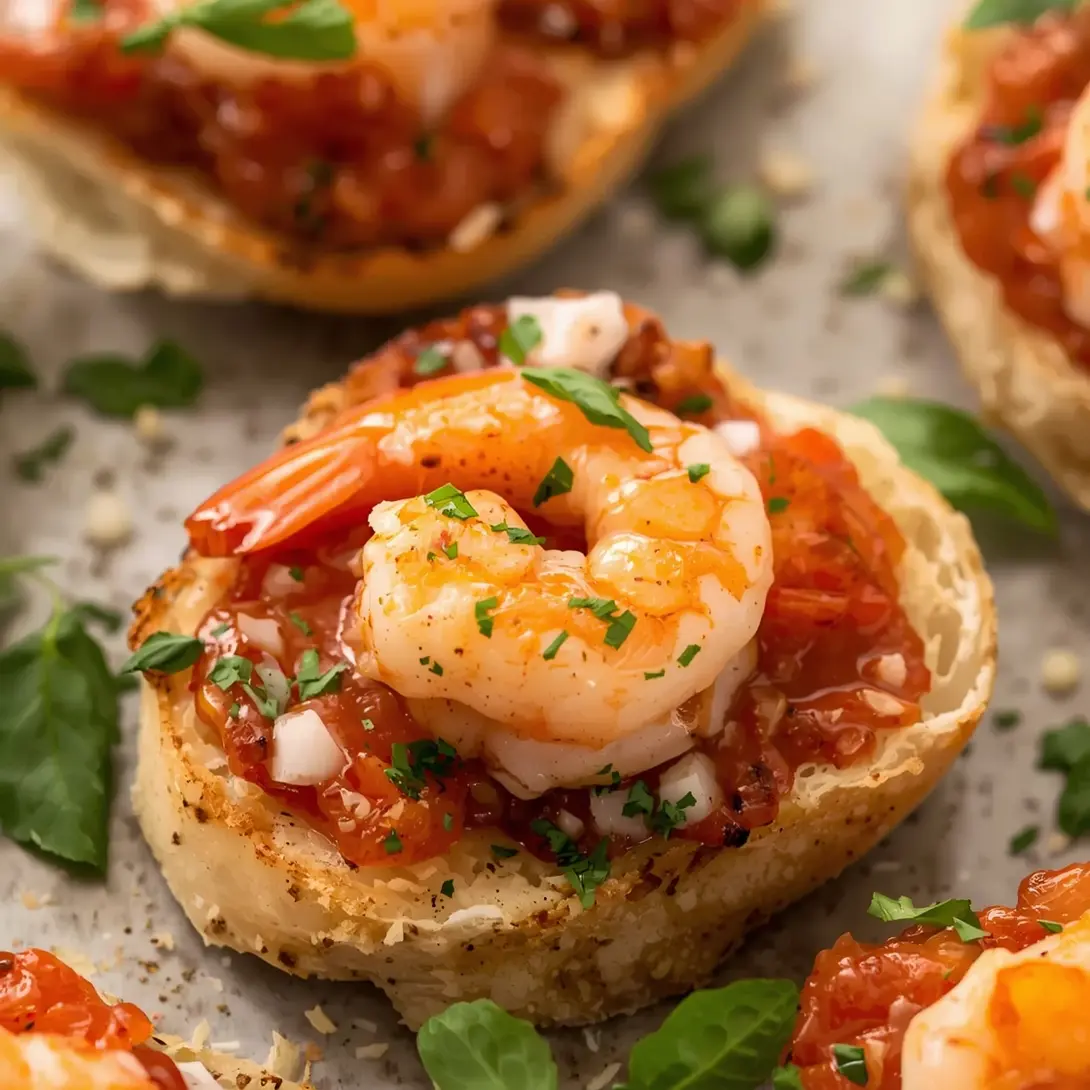 Shrimp bruschetta with fresh tomatoes and basil served on toasted bread