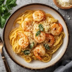 A serving of shrimp carbonara topped with grated parmesan cheese.