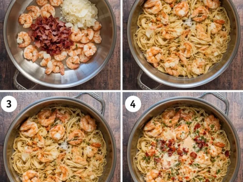 A serving of shrimp carbonara topped with grated parmesan cheese.