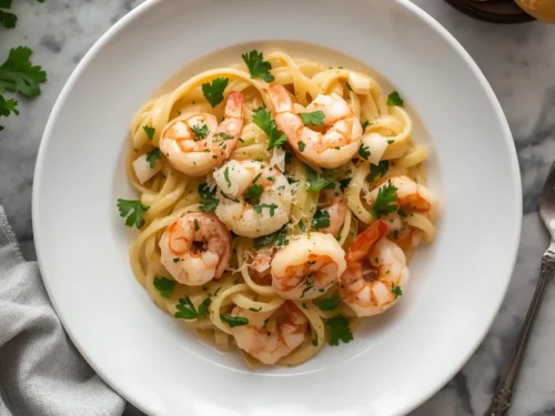 A serving of shrimp carbonara topped with grated parmesan cheese.