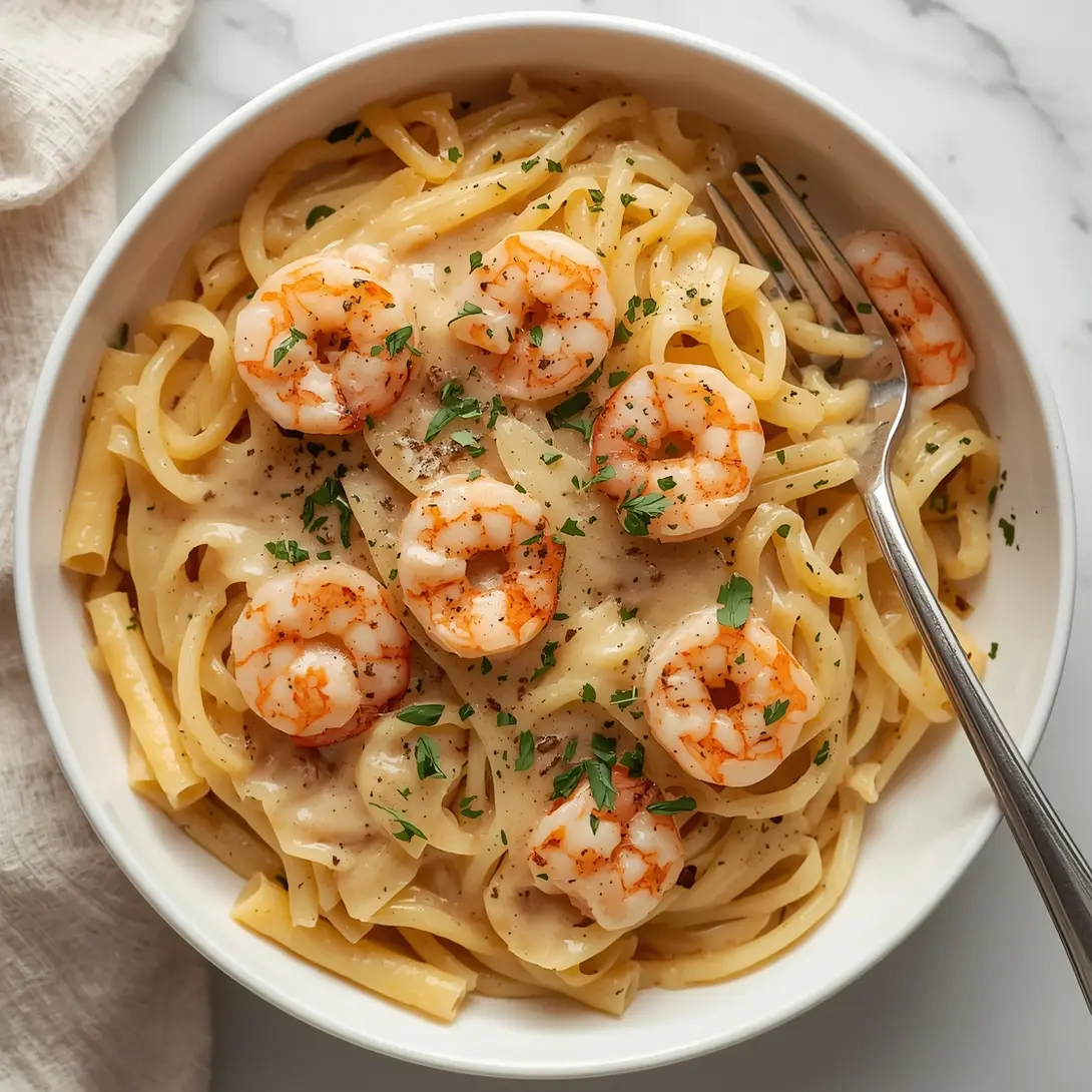 A serving of shrimp carbonara topped with grated parmesan cheese.