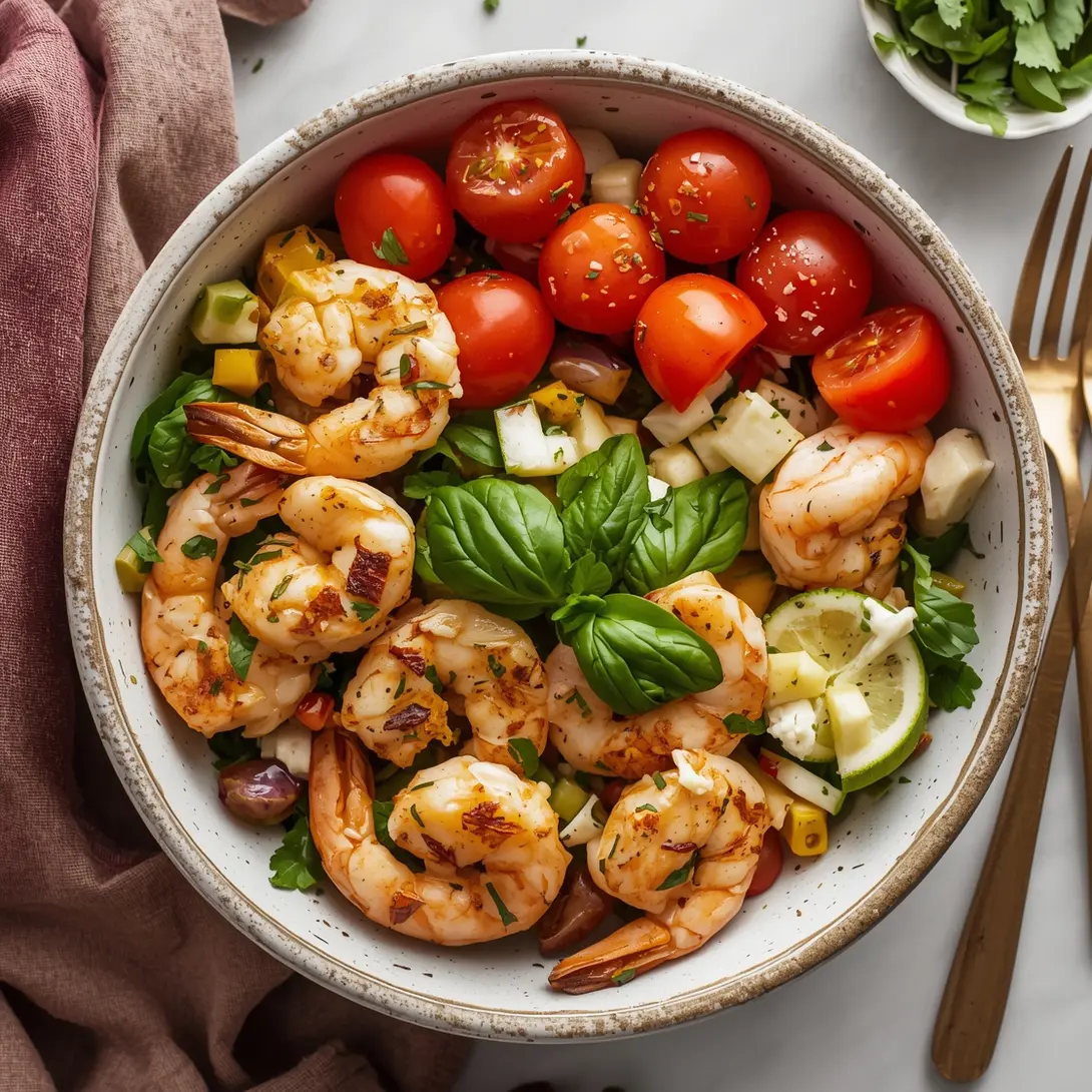 A vibrant Mediterranean bowl filled with shrimp, couscous, and fresh vegetables.