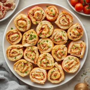 Delicious shrimp and cream cheese pinwheels arranged neatly on a serving platter.