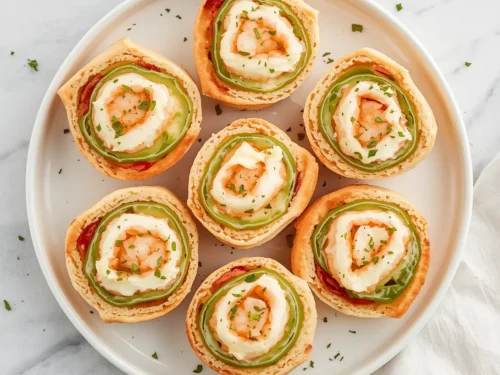 Delicious shrimp and cream cheese pinwheels arranged neatly on a serving platter.
