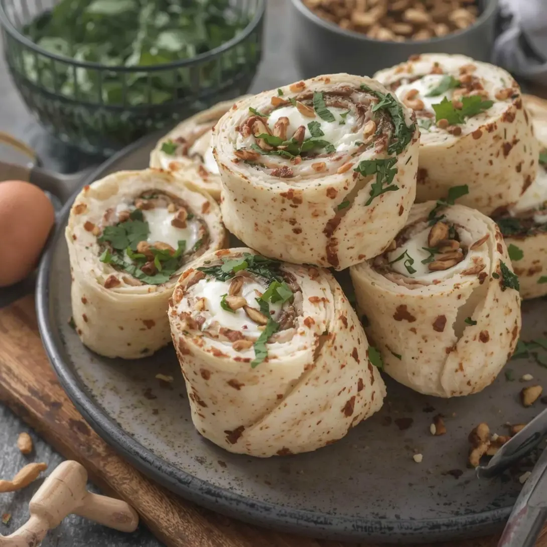 Delicious shrimp and cream cheese pinwheels arranged neatly on a serving platter.