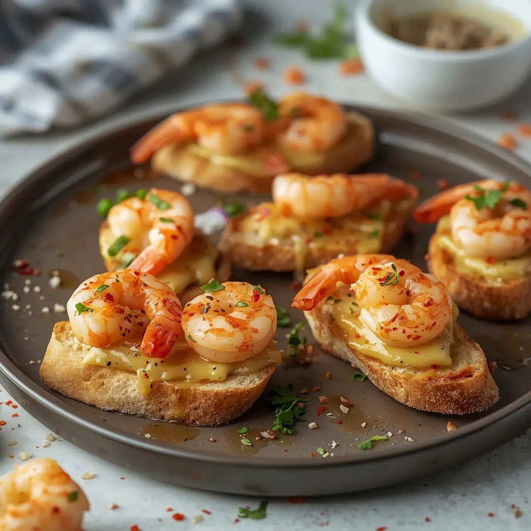 Appetizing shrimp crostini topped with cranberry cream cheese and fresh herbs, arranged on a platter.