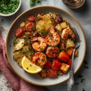 A vibrant shrimp and farro harvest bowl with roasted vegetables