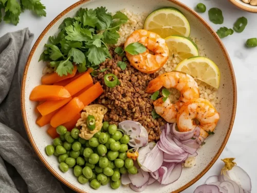 A vibrant shrimp and farro harvest bowl with roasted vegetables
