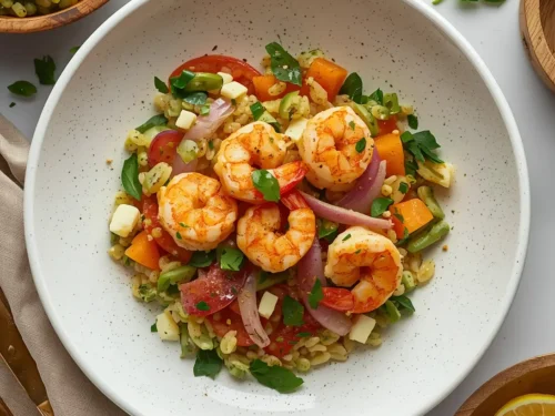 A vibrant shrimp and farro harvest bowl with roasted vegetables