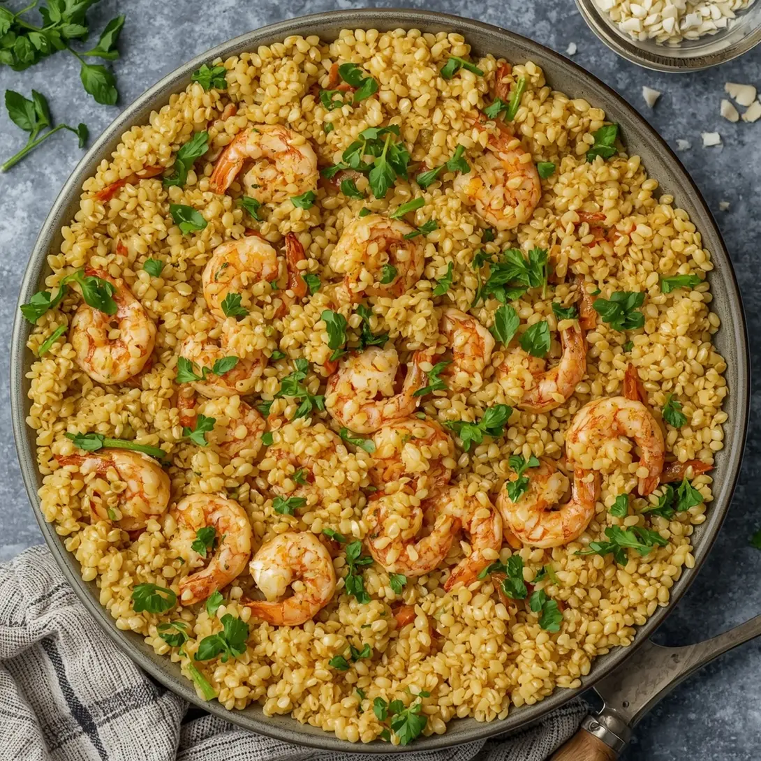A vibrant shrimp and farro harvest bowl with roasted vegetables