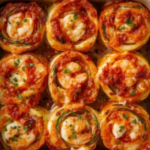 Close-up of baked shrimp lasagna roll-ups in a dish