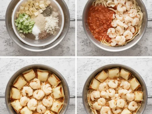 Close-up of baked shrimp lasagna roll-ups in a dish