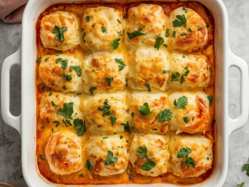 Close-up of baked shrimp lasagna roll-ups in a dish