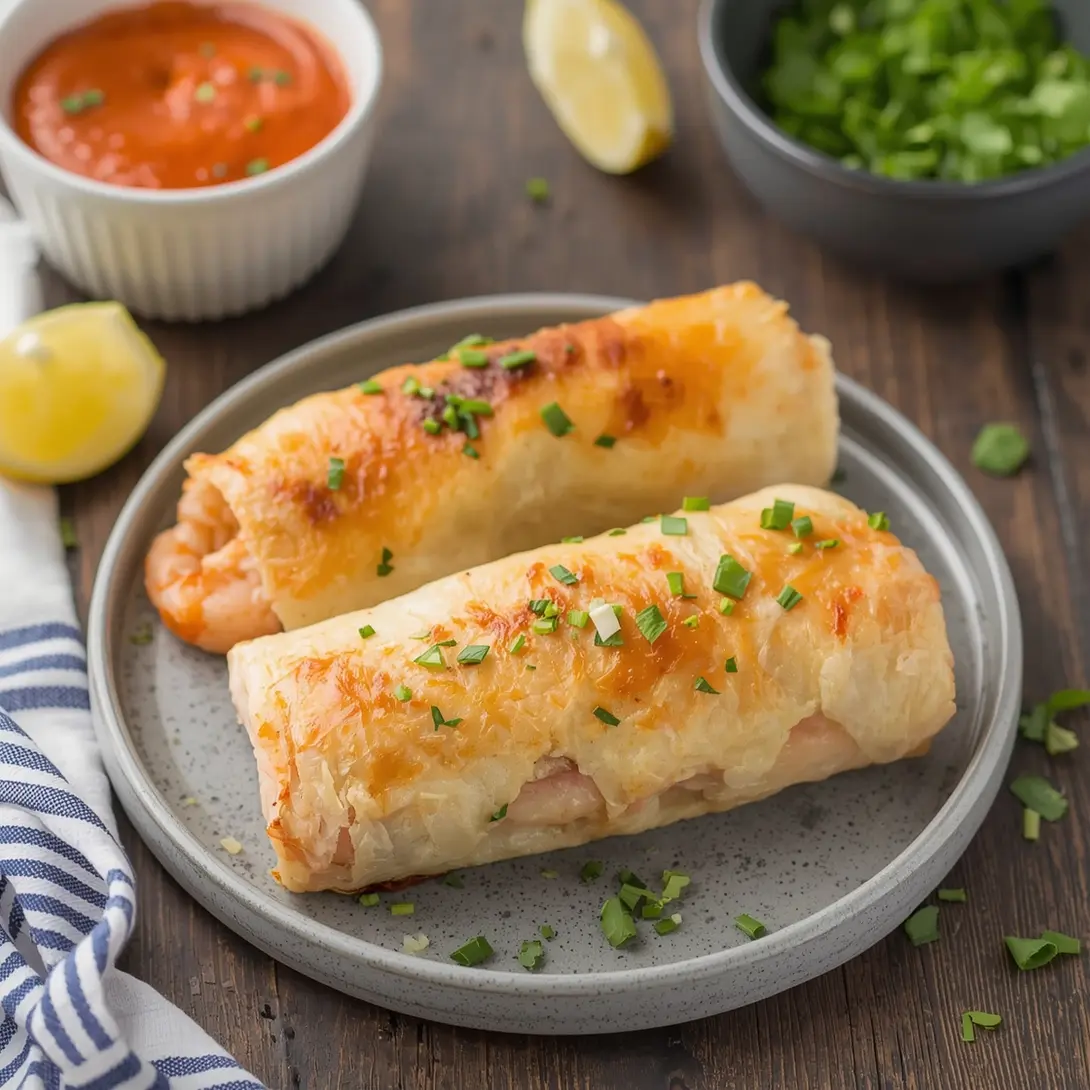 Close-up of baked shrimp lasagna roll-ups in a dish