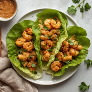 Delicious shrimp lettuce wraps topped with a rich peanut sauce