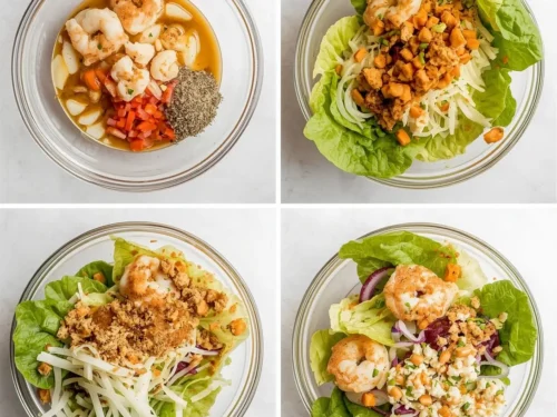 Delicious shrimp lettuce wraps topped with a rich peanut sauce