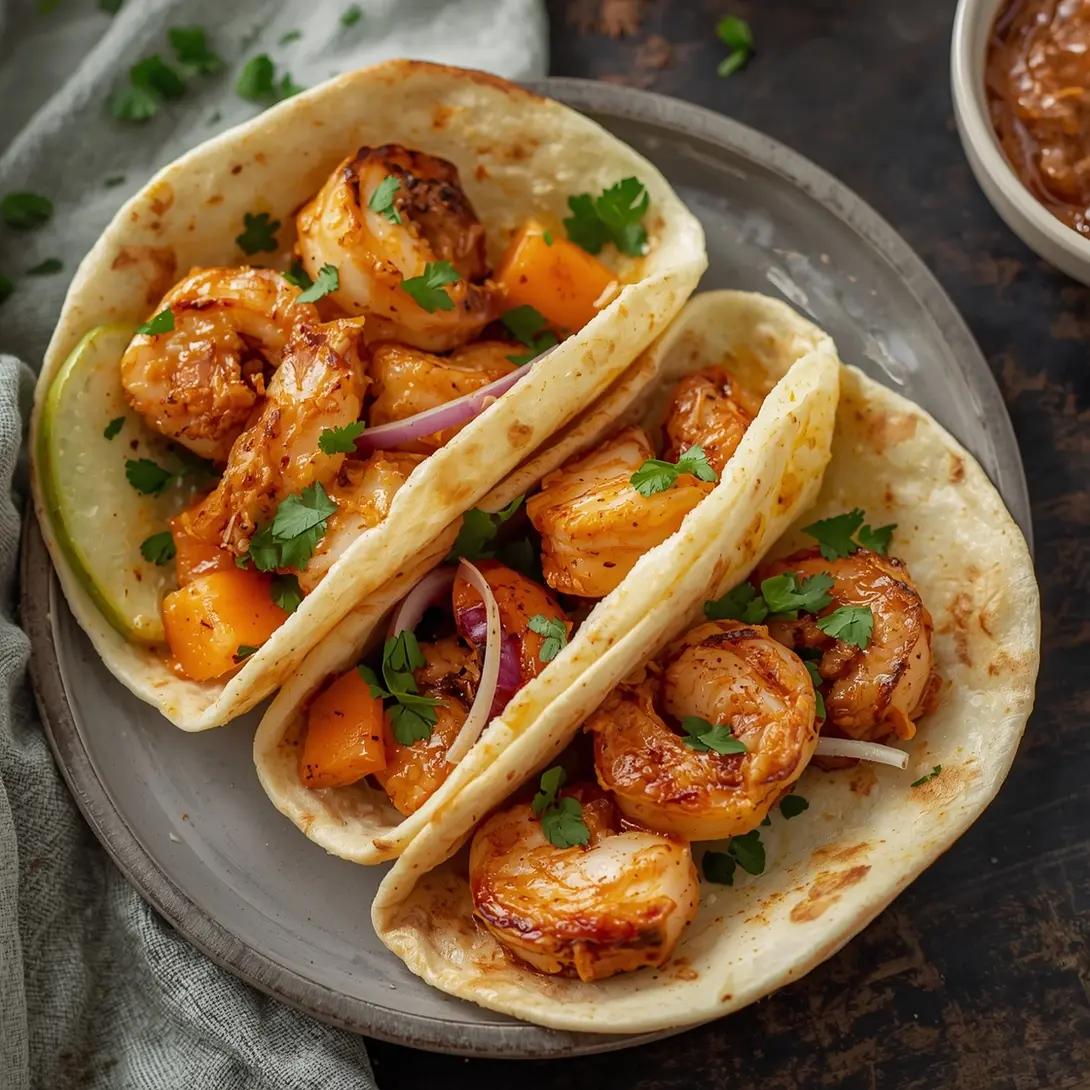 Delicious shrimp lettuce wraps topped with a rich peanut sauce