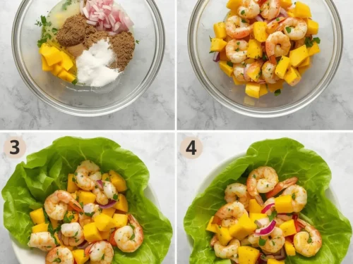 Healthy shrimp and mango lettuce cups arranged beautifully on a serving platter.