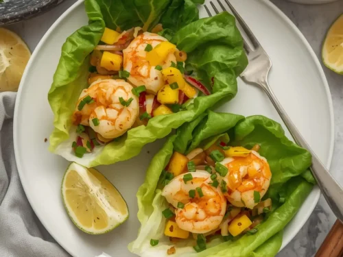 Healthy shrimp and mango lettuce cups arranged beautifully on a serving platter.