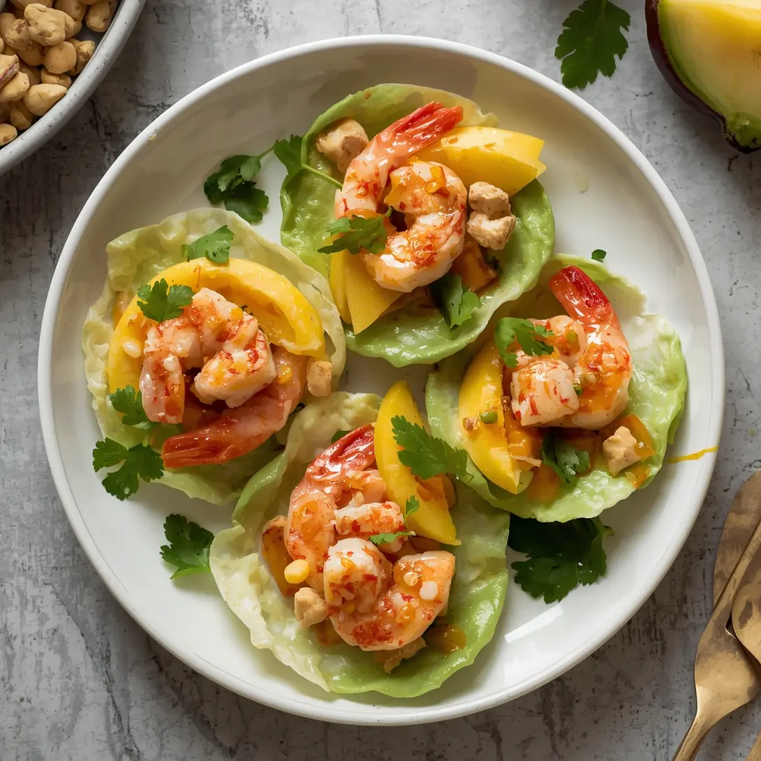 Healthy shrimp and mango lettuce cups arranged beautifully on a serving platter.